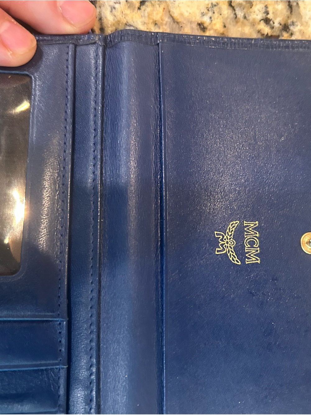 MCM Navy Blue Leather Trifold Wallet with Gold Hardware - Picture 6 of 8